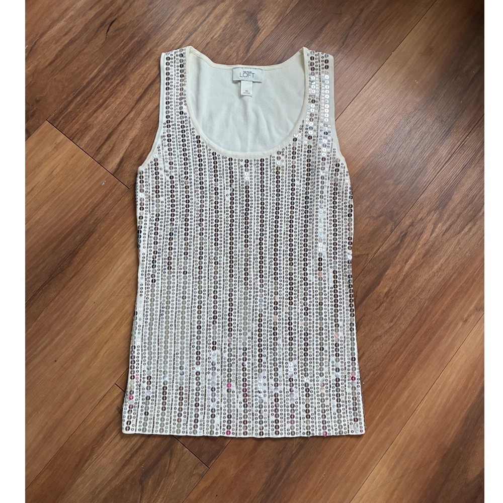 Ann Taylor Festival Silver Sequin Knit Tank Top Cream Ivory Sleeveless Shell XS